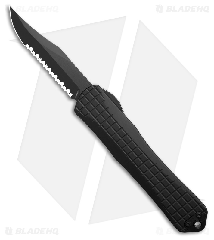 Heretic Knives Manticore X Bowie OTF Auto Knife Black Frag Aluminum (3.75" DLC Full Serr)