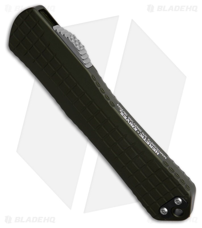 Heretic Knives Manticore X Recurve OTF Knife OD Green Frag Aluminum (3.75" SW)