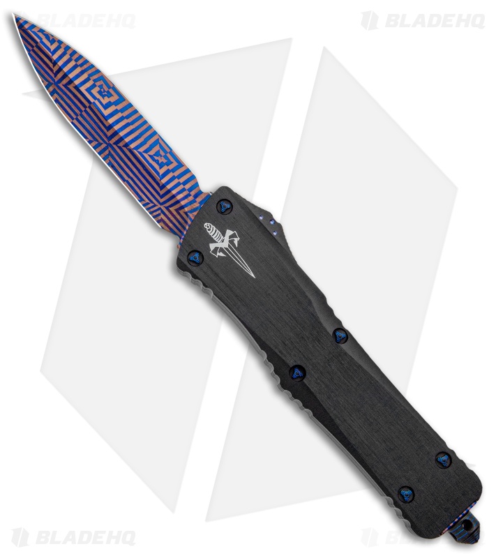 Marfione Custom Combat Troodon D/E OTF Knife Black (3.8" Blue Mosaic Damascus)