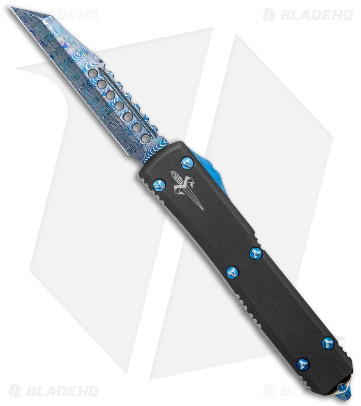 Marfione Custom Ultratech Warhound OTF Knife Black (3.5" Blue Damascus)