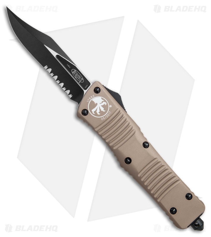 Microtech Combat Troodon Bowie OTF Knife Tan (3.8" Black Serr) 146-2TA