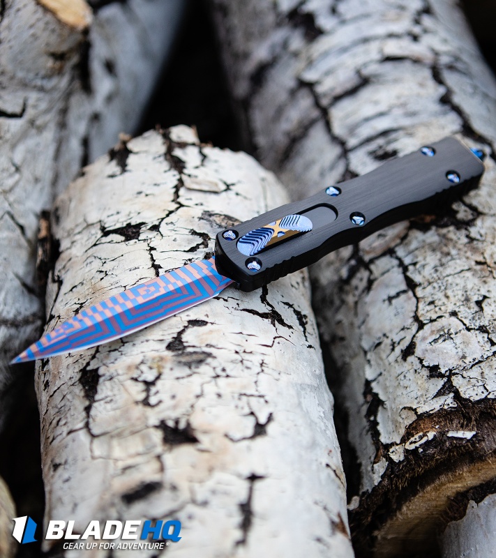 Marfione Custom Dirac D/E Spike Grind OTF Knife Hefted Al (Blued Damascus)