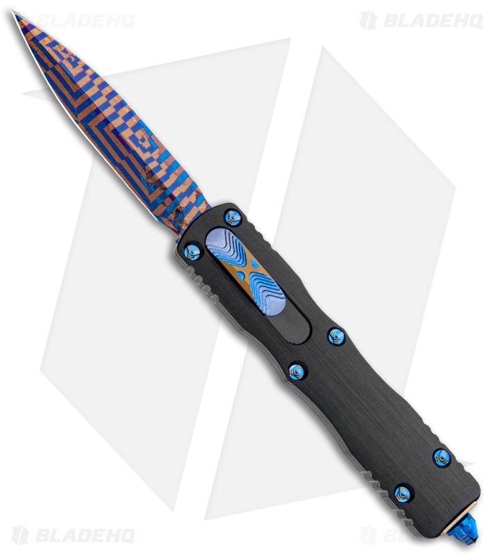 Marfione Custom Dirac D/E Spike Grind OTF Knife Hefted Al (Blued Damascus)