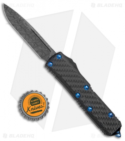 Microtech UTX-85 S/E OTF Automatic Knife CF w/ Blue Ti HW (3.125" Damascus)