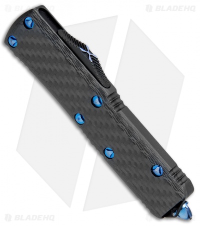 Microtech UTX-85 S/E OTF Automatic Knife CF w/ Blue Ti HW (3.125" Damascus)