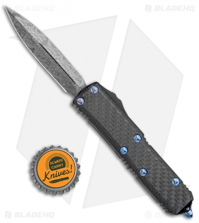 Microtech UTX-85 D/E OTF Automatic Knife CF w/ Blue Ti HW (3.1" Damascus)