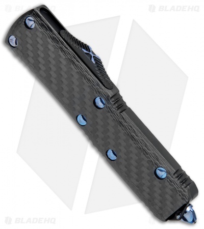 Microtech UTX-85 D/E OTF Automatic Knife CF w/ Blue Ti HW (3.1" Damascus)