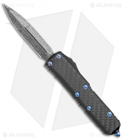 Microtech UTX-85 D/E OTF Automatic Knife CF w/ Blue Ti HW (3.1" Damascus)