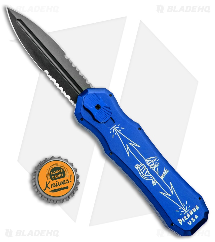 Piranha Excalibur OTF Knife Blue Double Action Automatic (3.2" Black Serr)