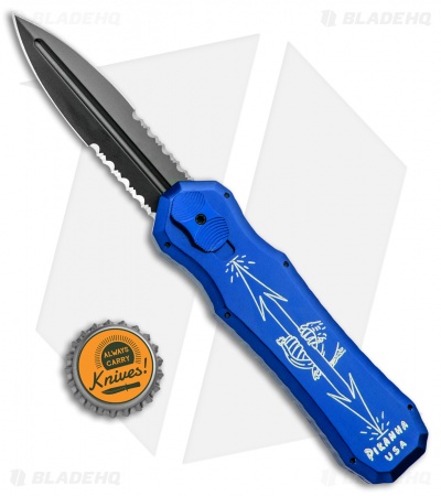 Piranha Excalibur OTF Knife Blue Double Action Automatic (3.2" Black Serr)