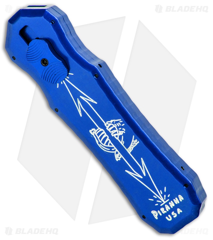 Piranha Excalibur OTF Knife Blue Double Action Automatic (3.2" Black Serr)