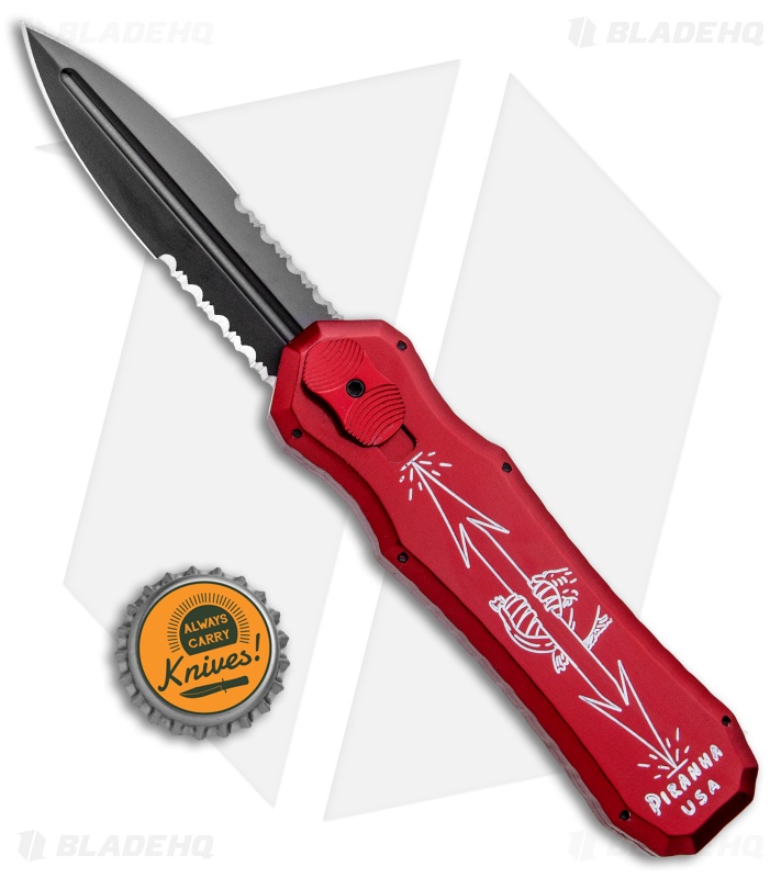 Piranha Excalibur OTF Automatic Knife Red Tactical (3.2" Black Serr)