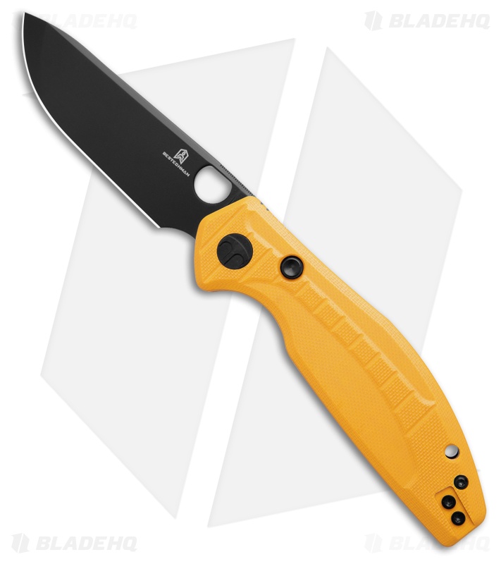 Bestechman Angry Owl Button Lock Knife Yellow G-10 (3.25" Black PVD) BMK12A-2