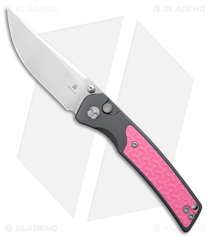 Bestechman Icebreaker Button Lock Knife Gray Aluminum + Pink G-10 (3.2" Satin)