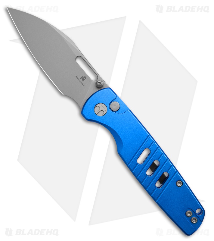 Bestechman Vector Button Lock Knife Blue Aluminum (3.15" Glass Bead Blast D2)