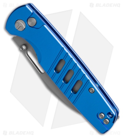 Bestechman Vector Button Lock Knife Blue Aluminum (3.15" Glass Bead Blast D2)