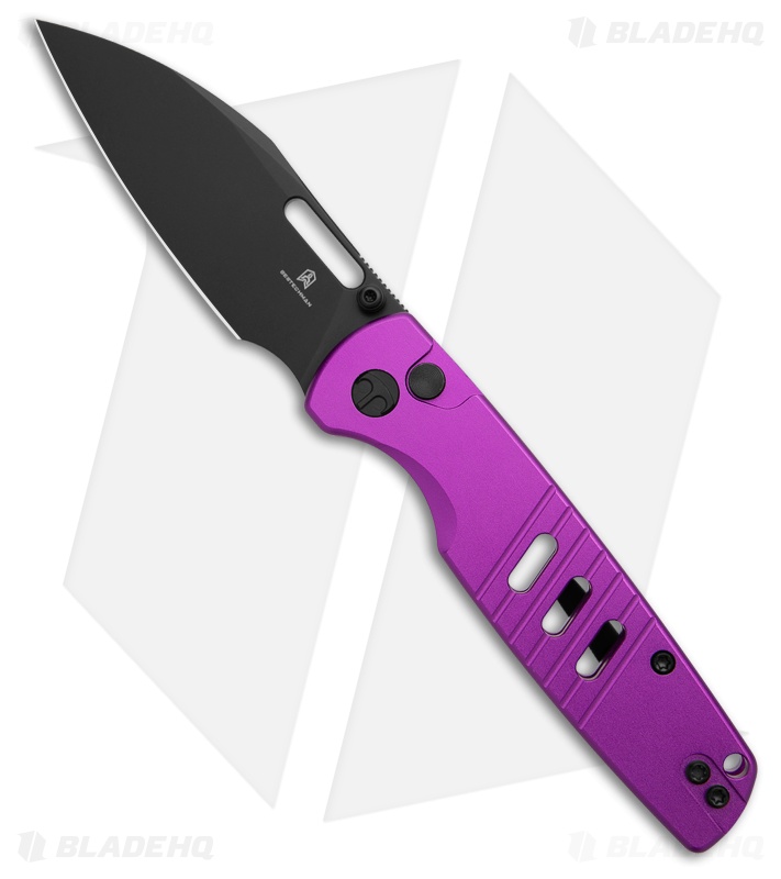 Bestechman Vector Button Lock Knife Purple Aluminum (3.15" Black PVD D2)