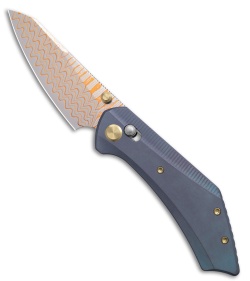 GEO Knife DIVID Crossbar Lock Knife Blue Titanium (3.3" Damascus/Copper) *DISC*