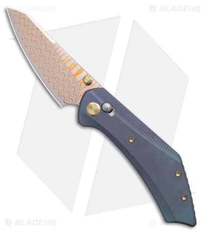 GEO Knife DIVID Crossbar Lock Knife Blue Titanium (3.3" Damascus/Copper) *DISC*
