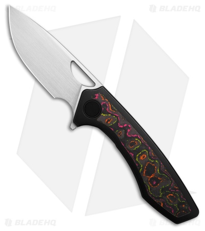 Gecko Customz Sikorae V2 Black Ti/Flo Party CF Inlay Flipper Knife (3.04" Satin)