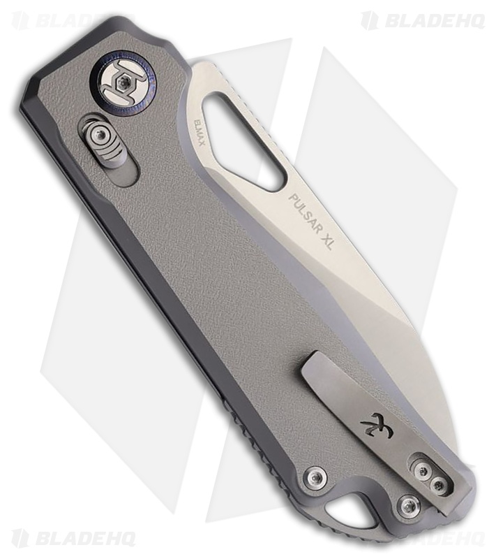 Kunwu Knives Pulsar XL Knife Gray Orange Peel Textured Ti Satin