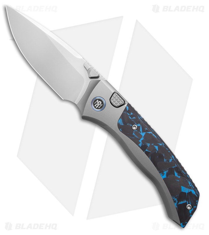 REMETTE RT-Steed Button Frame Lock Knife Ti + Black/Blue CF (3.1" Pearlescent)