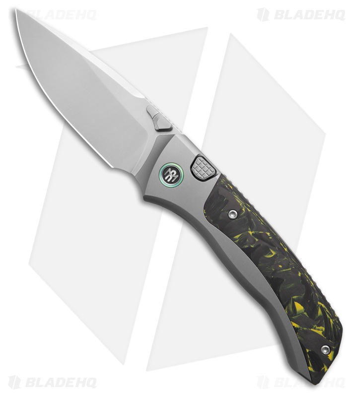 REMETTE RT-Steed Button Frame Lock Knife Ti + Black/Green CF (3.1" Pearlescent)