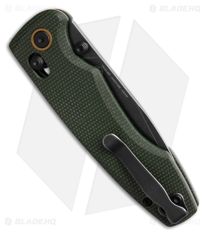Trueline Overture Crossbar Lock Knife Green Micarta (3.375" Black Stonewash)