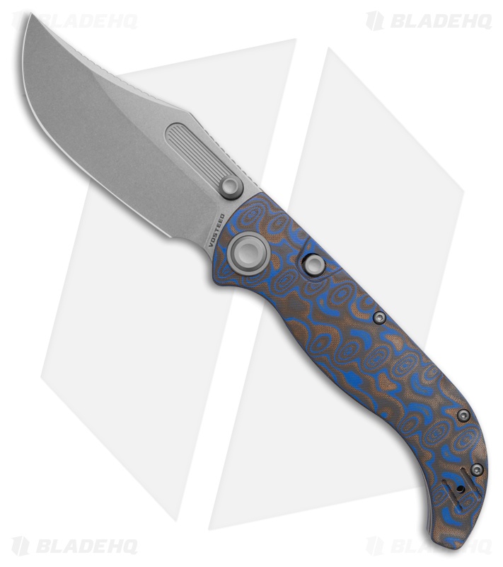 Vosteed Naga Button Lock  Knife Blue Ocean Micarta (3.5" Stonewash)