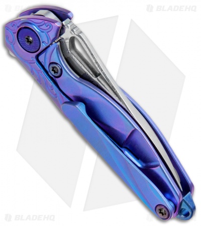 Rike Knife Hummingbird Mini Flipper Knife Blue Titanium (1.5" Damascus)