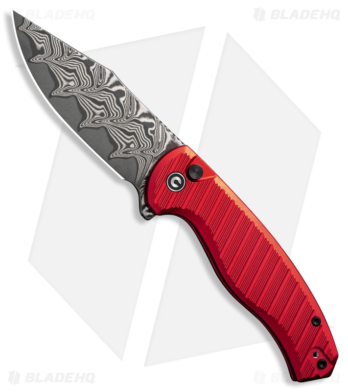 CIVIVI Stormhowl Button Lock Knife Red Aluminum (3.3" Damascus) C23040B-DS1