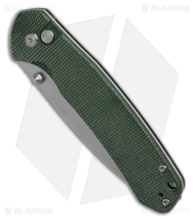 CJRB Cutlery Large Pyrite Button Lock Knife OD Green Micarta (3.7" SW)