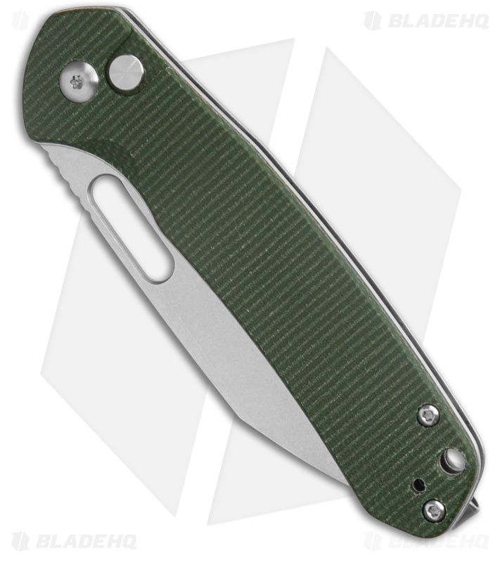 CJRB Cutlery Pyrite-Alt Wharncliffe Button Lock Knife Green Micarta (3.1" SW) 