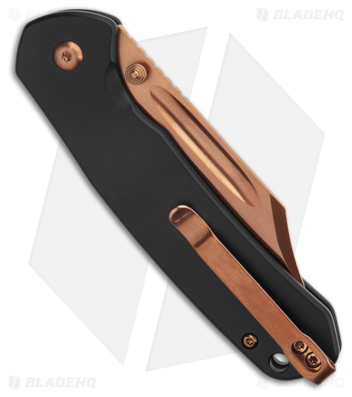 CJRB Cutlery Pyrite Bowie Button Lock Knife Black Steel (3.1" Rose Gold)