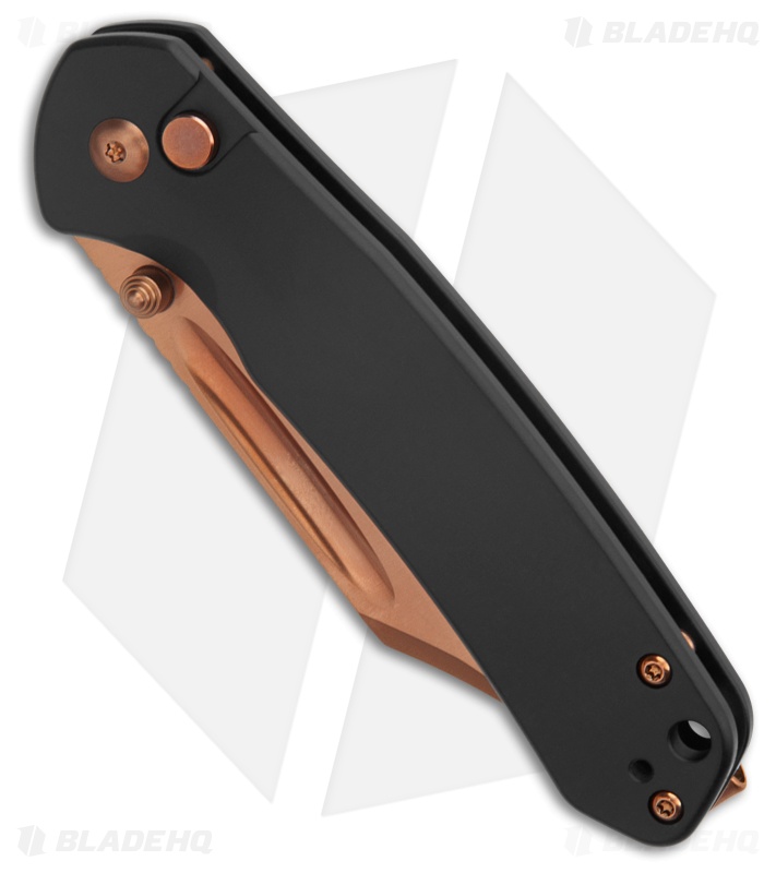 CJRB Cutlery Pyrite Bowie Button Lock Knife Black Steel (3.1" Rose Gold)