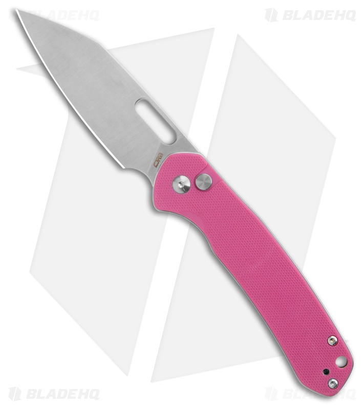 CJRB Pyrite-Alt Wharncliffe Button Lock Knife Pink G-10 (3.13" Bead Blast)