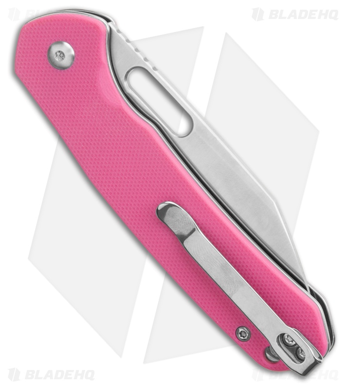 CJRB Pyrite-Alt Wharncliffe Button Lock Knife Pink G-10 (BB)