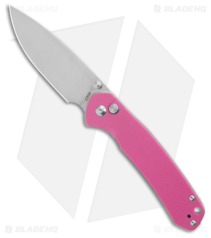 CJRB Pyrite Drop Point Button Lock Knife Pink G-10 (3.1" Bead Blast)