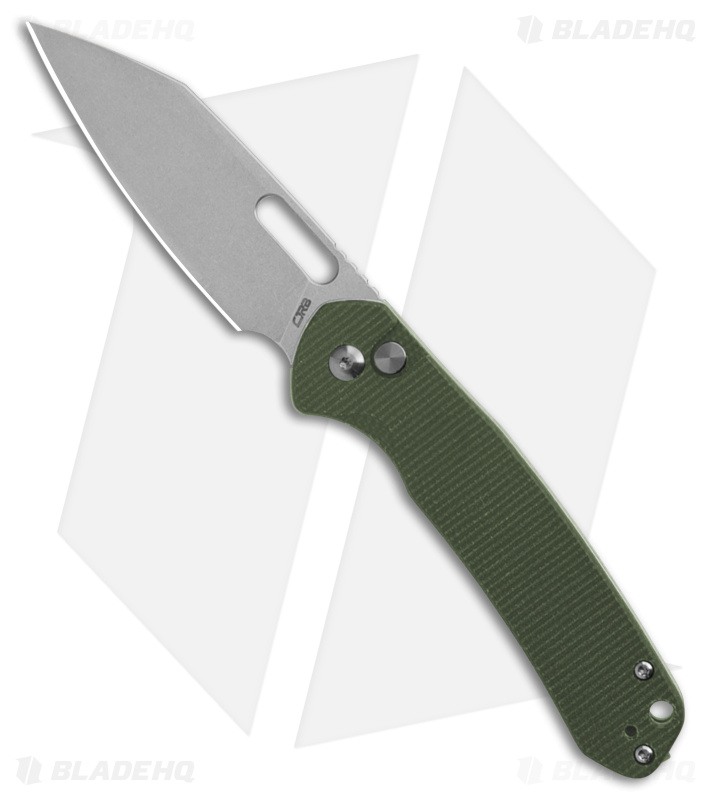 CJRB Cutlery Pyrite-Alt Wharncliffe Button Lock Knife Green Micarta (3.1" SW) 