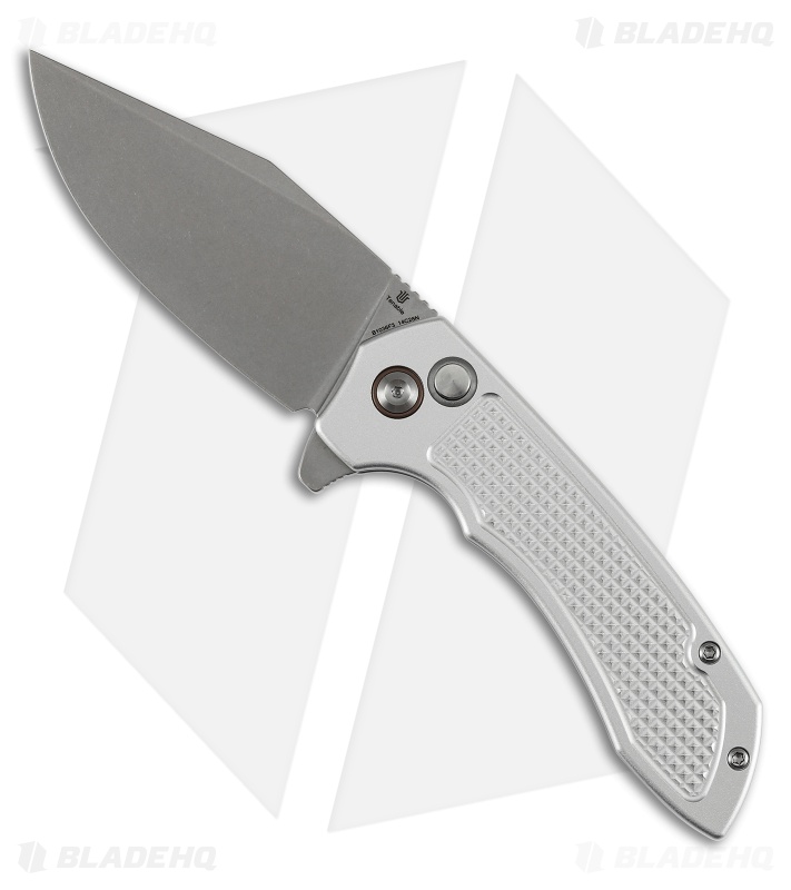 Tenable Knives Entity Button Lock Knife Silver Checkered Aluminum (3.5" SW)