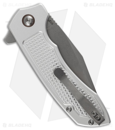 Tenable Knives Entity Button Lock Knife Silver Checkered Aluminum (3.5" SW)