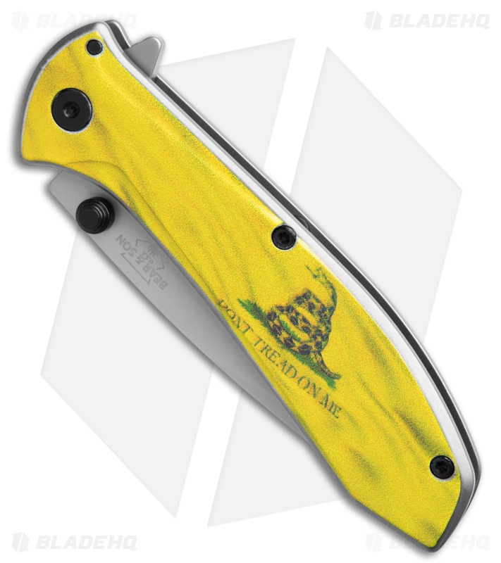 Bear & Son 4" Liner Lock Flipper Knife Gadsden Flag Stainless Steel (2.8" Satin)