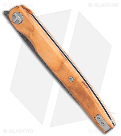 Bestechman Lanza Liner Lock Knife Olive Wood (3.4" Acid Etched Damascus)