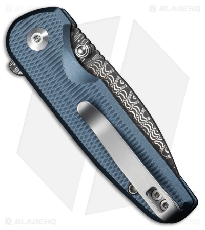 CIVIVI Mini Shakan Button Lock Knife Ripple Patterned Blue Al (2.5" Damascus)