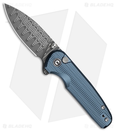 CIVIVI Mini Shakan Button Lock Knife Ripple Patterned Blue Al (2.5" Damascus)