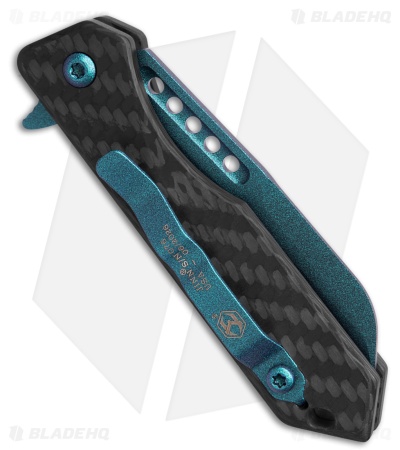 Heretic Jinn Button Lock Flipper Knife Black Carbon Fiber (3" Teal)