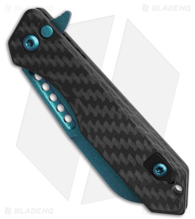 Heretic Jinn Button Lock Flipper Knife Black Carbon Fiber (3" Teal)