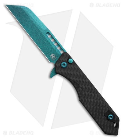 Heretic Jinn Button Lock Flipper Knife Black Carbon Fiber (3" Teal)