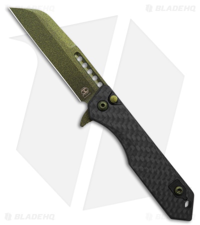 Heretic Jinn Button Lock Flipper Knife Carbon Fiber (3" Metallic Green)