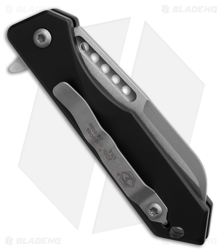 Heretic Jinn Button Lock Flipper Knife MagnaCut Black Aluminum (3" Battleworn)